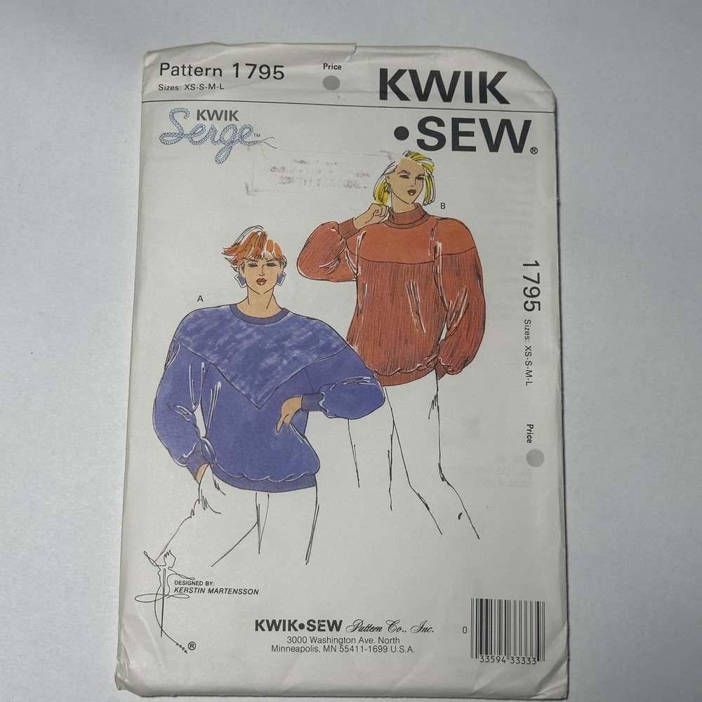 Kwik Sew 1795 Sewing Pattern Misses Tops XS-S-M-L Multi-Color Vintage 1988